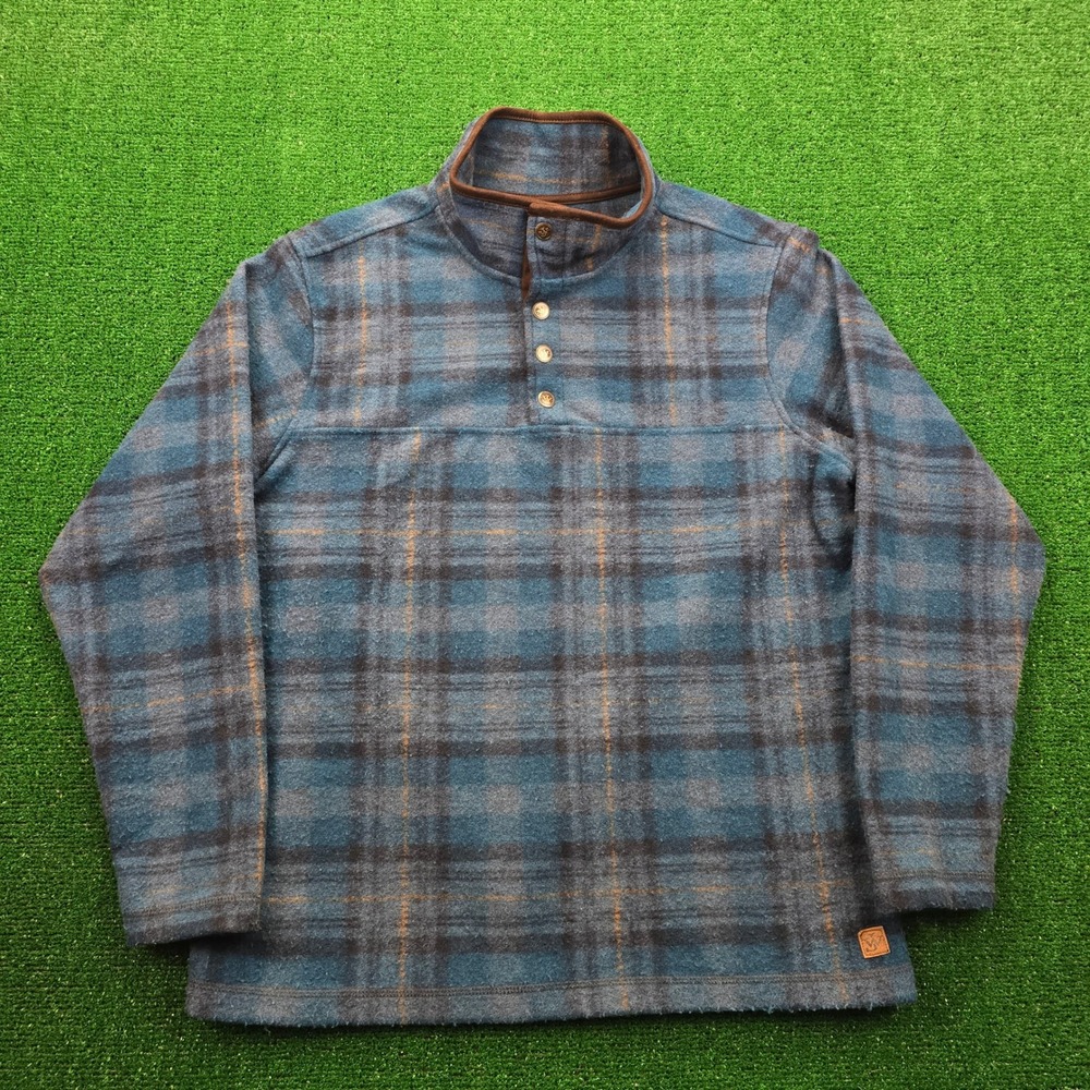 John Wayne Time Classic Fleece Pullover Mens Medium Blue‎ Plaid 1/4 Snap Casual